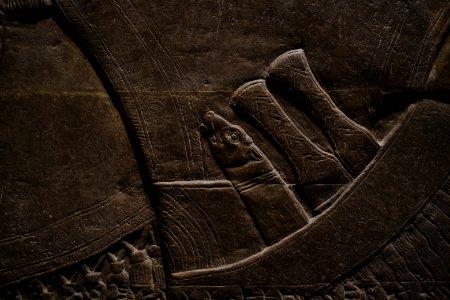 Details of the palace reliefs of Neo-Assyrian king Ashurnasirpal II (883-859 BC) on view at the Metropolitan Museum of Art