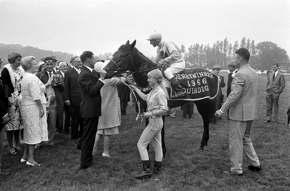 Derby Duindigt 1966, winnaar Jolly Jinks bereden door A.W. van Dijk maakt ereron, Bestanddeelnr 919-2431