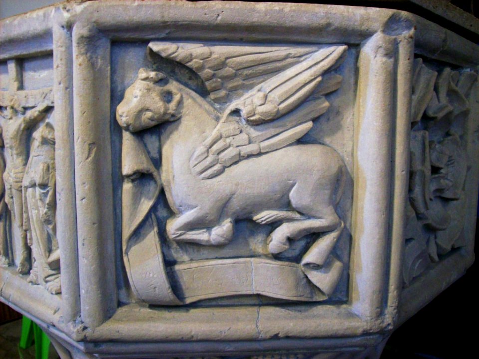 Detail of font, St Andrew, Colney
