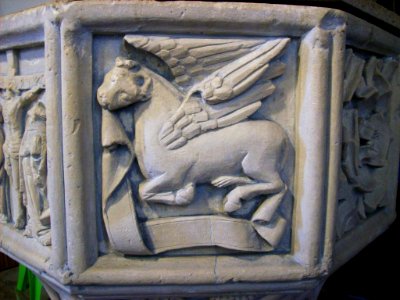 Detail of font, St Andrew, Colney photo