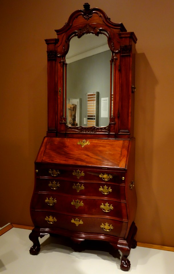 Desk and bookcase (behind mirror), possibly by Thomas Sherburne shop, Boston, Massachusetts, 1770-1785, mahogany, white pine, yellow pine, replaced brass hardware - Winterthur Museum - DSC01366
