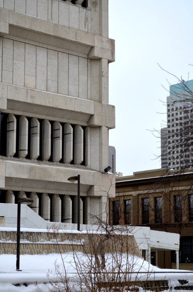 Detail of limestone cladding of the Public Safety Building in Winnipeg, Manitoba