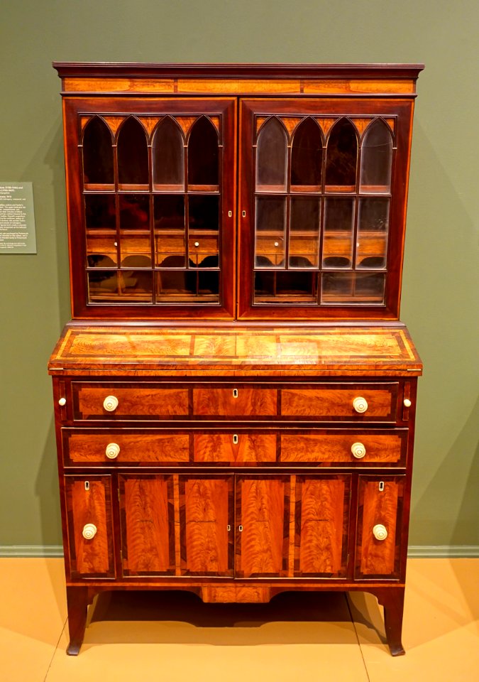 Desk and bookcase, Jonathan Judkins and William Senter, Portsmouth, New Hampshire, 1813, maple and pine, with mahogany, rosewood, and birch veneers - Currier Museum of Art - Manchester, NH - DSC07657
