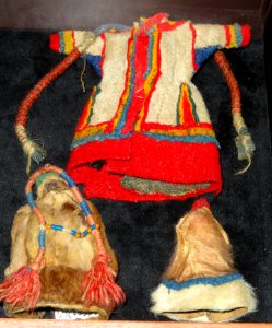 Dolls of cloth, reindeer hide, mallard jawbone, and glass bead - Nenets people, Siberia - Museum of Cultures (Helsinki) - DSC05006 photo