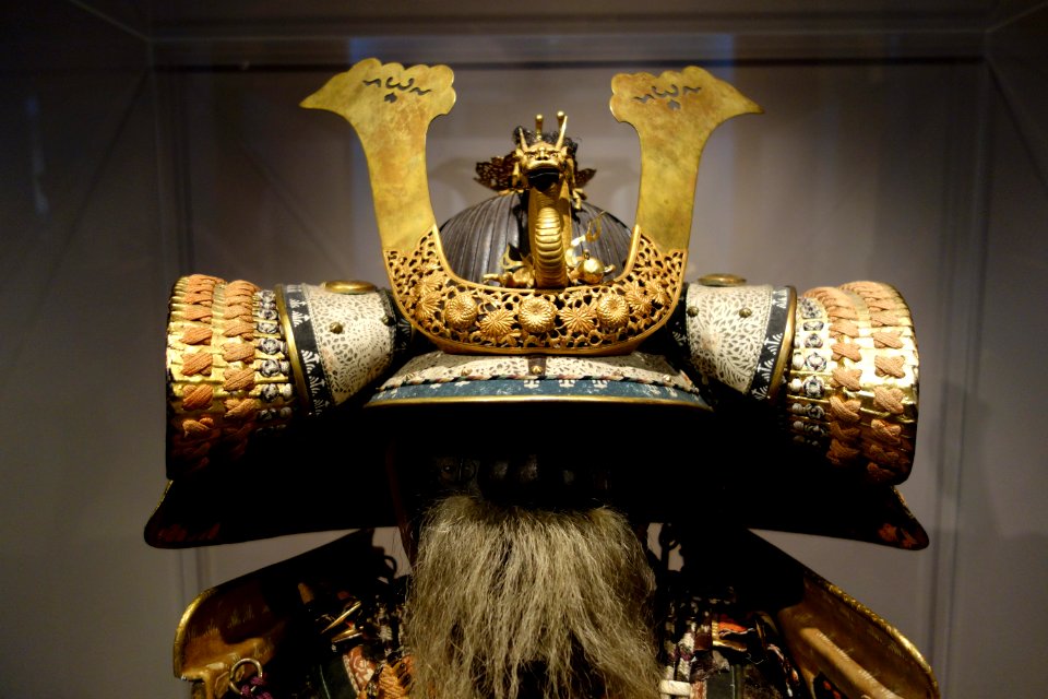 Domaru Armor with Bright Red Lacing, Helmet perhaps signed Yoshitoshi, view 2, Japan, late 18th to early 19th century, lacquered iron, leather, silk, cotton, gilt copper, horsehair - Chazen Museum of Art - DSC01728