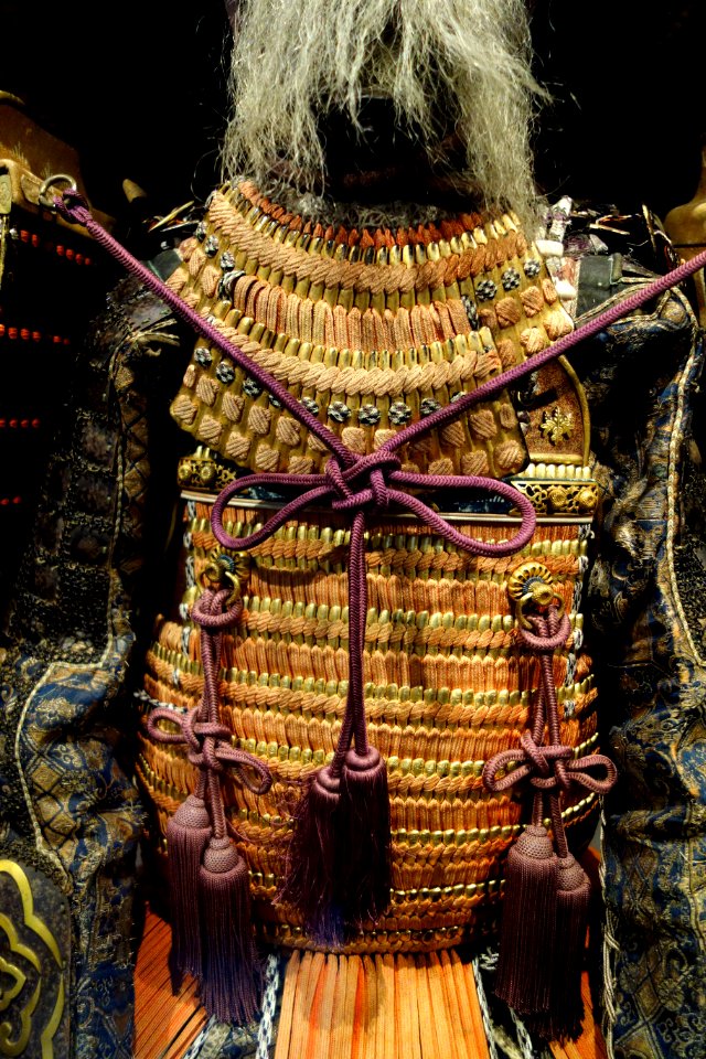 Domaru Armor with Bright Red Lacing, Helmet perhaps signed Yoshitoshi, view 3, Japan, late 18th to early 19th century, lacquered iron, leather, silk, cotton, gilt copper, horsehair - Chazen Museum of Art - DSC01730
