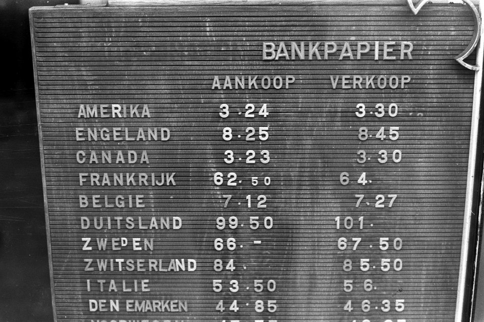 Dollar na devaluatie, borden met verschillende koersen bij twee wisselkantoren A, Bestanddeelnr 925-2542