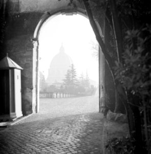 Doorkijkje naar de tuin van het Vaticaan met op de achtergrond de Sint-Pietersba, Bestanddeelnr 254-5560