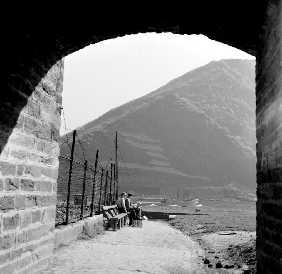 Doorkijkje naar een bank aan het water in Oberwesel, Bestanddeelnr 254-1143