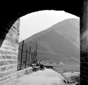 Doorkijkje naar een bank aan het water in Oberwesel, Bestanddeelnr 254-1143