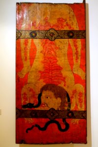 Door of a protector deity's shrine (mgon khang), Tibet, c. 1800 AD, wood, painting on fabric - Ethnological Museum, Berlin - DSC01816