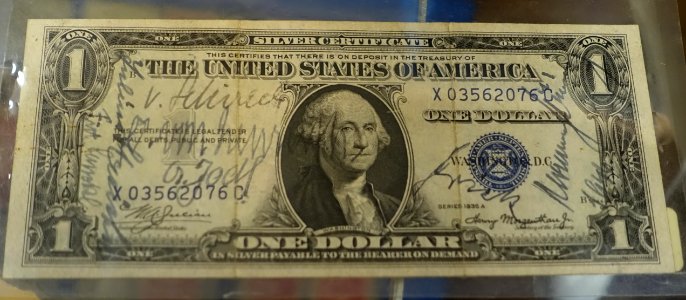 Dollar bill signed by Hermann Goering and other defendants at the Nuremberg Trials, 1946 - Old Colony History Museum - Taunton, Massachusetts - DSC03943
