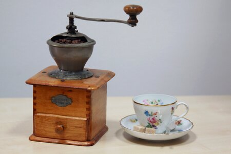 Coffee cup coffe grinder antique photo