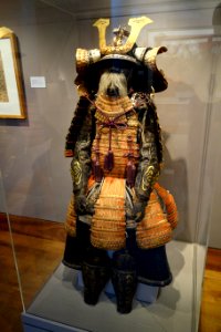 Domaru Armor with Bright Red Lacing, Helmet perhaps signed Yoshitoshi, view 1, Japan, late 18th to early 19th century, lacquered iron, leather, silk, cotton, gilt copper, horsehair - Chazen Museum of Art - DSC01724