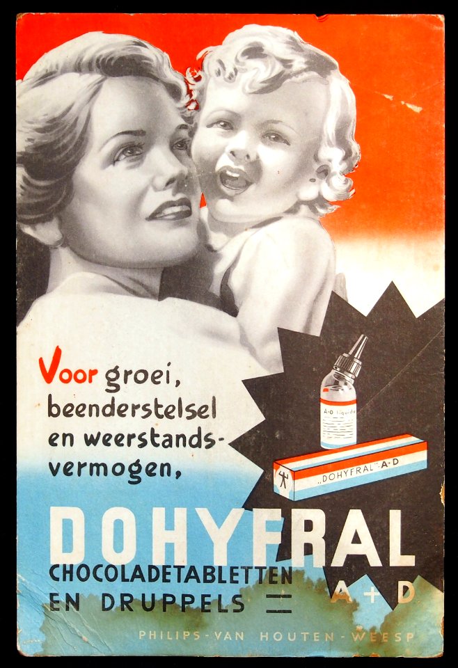 Dohyfral chocoladetabletten en druppels kartonnen reclame bordje