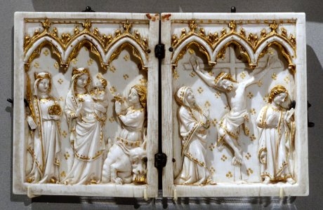 Diptych, Virgin and Child with Saints, Crucifixion, Paris, c. 1320-1330, ivory - Bode-Museum - DSC03640