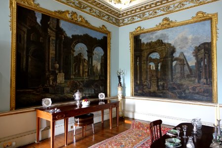 Dining Room, with capriccios of ruins by Pietro Paltronieri, called Il Mirandolese dalle Prospettive, c. 1740-1777, tempera and oil on canvas - Shugborough Hall - Staffordshire, England - DSC00316