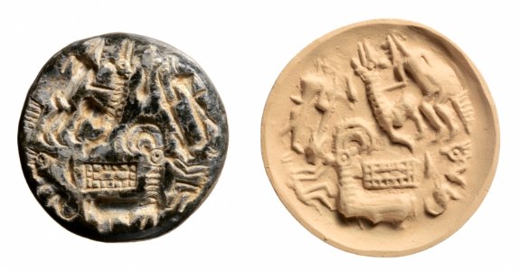 Dilmun stamp seal with hunters and goats, rectangular pen, ca early 2nd millennium BC