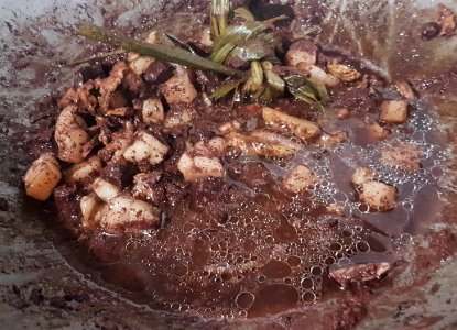 Dinuguan made with choice pork cuts and spiced with lemongrass