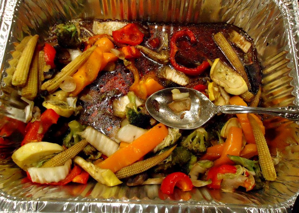 Dinner vegetable dish at a party in a silver pan