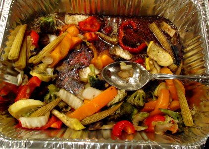 Dinner vegetable dish at a party in a silver pan photo