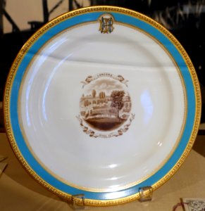 Dinner plate for Ebenezer Rockwood Hoar's dinner for President Grant, 1 of 2, Worcester Porcelain Manufactory, c. 1875, glazed porcelain - Concord Museum - Concord, MA - DSC05652