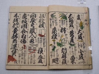 Ehon shobai Orai, picture textbook for elementary schools using letter exchange to teach business knowledge, 1836 AD - Edo-Tokyo Museum - Sumida, Tokyo, Japan - DSC06704