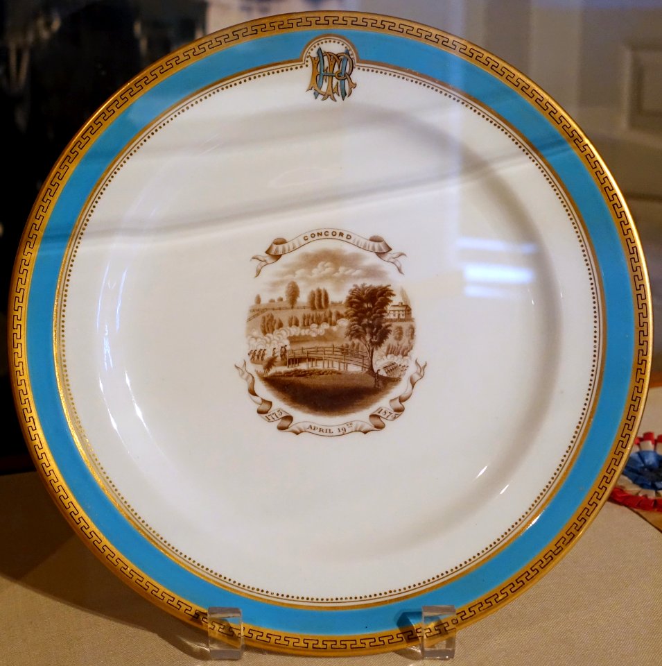Dinner plate for Ebenezer Rockwood Hoar's dinner for President Grant, 2 of 2, Worcester Porcelain Manufactory, c. 1875, glazed porcelain - Concord Museum - Concord, MA - DSC05653