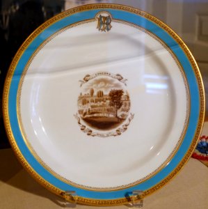 Dinner plate for Ebenezer Rockwood Hoar's dinner for President Grant, 2 of 2, Worcester Porcelain Manufactory, c. 1875, glazed porcelain - Concord Museum - Concord, MA - DSC05653