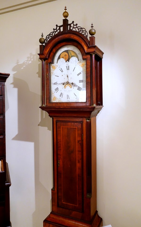 Eight-Day Clock, Daniel Munroe & William Munroe, Concord, 1805-1820, mahogany, cherry, pine, steel, iron, painted glass view 1 - Concord Museum - Concord, MA - DSC05860