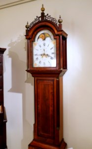 Eight-Day Clock, Daniel Munroe & William Munroe, Concord, 1805-1820, mahogany, cherry, pine, steel, iron, painted glass view 1 - Concord Museum - Concord, MA - DSC05860