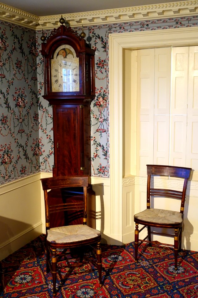 Eight-day clock by Nathaniel Munroe 1777-1862, case attrib to William Munroe Sr 1778-1861, Concord, 1805-1810, mahogany, pine, brass, steel, iron, glass - Concord Museum - Concord, MA - DSC05776