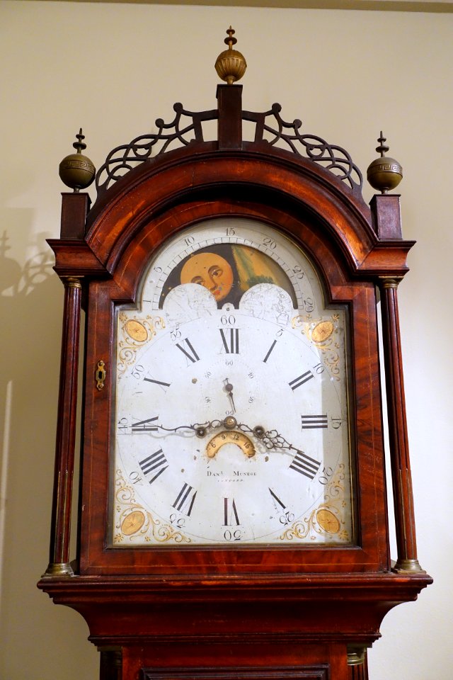 Eight-Day Clock, Daniel Munroe & William Munroe, Concord, 1805-1820, mahogany, cherry, pine, steel, iron, painted glass view 2 - Concord Museum - Concord, MA - DSC05862