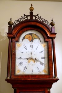 Eight-Day Clock, Daniel Munroe & William Munroe, Concord, 1805-1820, mahogany, cherry, pine, steel, iron, painted glass view 2 - Concord Museum - Concord, MA - DSC05862
