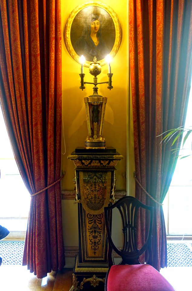 Egyptian-revival lamp, c. 1805, porcelain, on pedestal after André-Charles Boulle, 2 of 2, 1800-1900, metal, pewter, wood - Saloon - Kingston Lacy - Dorset, England - DSC03504