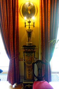 Egyptian-revival lamp, c. 1805, porcelain, on pedestal after André-Charles Boulle, 2 of 2, 1800-1900, metal, pewter, wood - Saloon - Kingston Lacy - Dorset, England - DSC03504