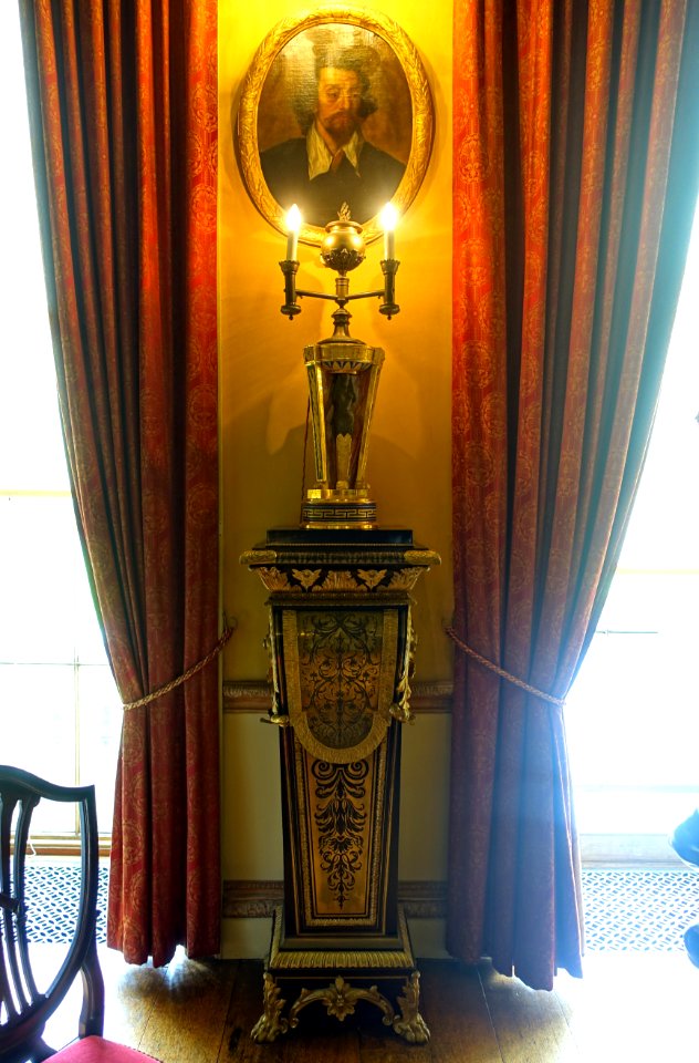 Egyptian-revival lamp, c. 1805, porcelain, on pedestal after André-Charles Boulle, 1 of 2, 1800-1900, metal, pewter, wood - Saloon - Kingston Lacy - Dorset, England - DSC03500