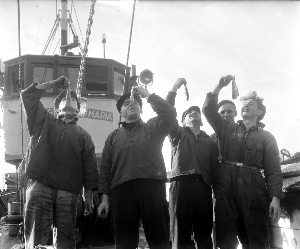 Eerste haringaanvoer IJmuiden (Katwijk 29) Schipper Gerrit Van Duin en zijn mann, Bestanddeelnr 905-7497