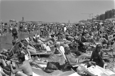 Eerste weekend met zomerweer grote drukte op strand Scheveningen, Bestanddeelnr 933-0260