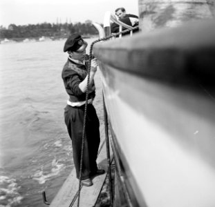 Eerste stuurman Hans schildert de sleepboot Damco 9, Bestanddeelnr 254-1401