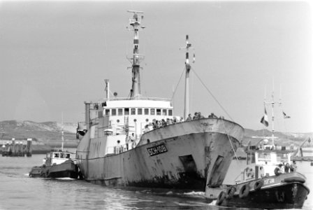 Eerste schip met echte Hollandse nieuwe haring komt de haven van IJmuiden binnen, Bestanddeelnr 932-6056