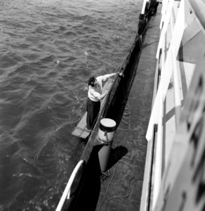 Eerste stuurman Hans schildert de sleepboot Damco 9, Bestanddeelnr 254-1399
