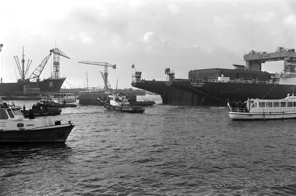 Eerste Kangoeroeschip Acadia Forest wordt gelost in Rotterdam, Bestanddeelnr 923-0446