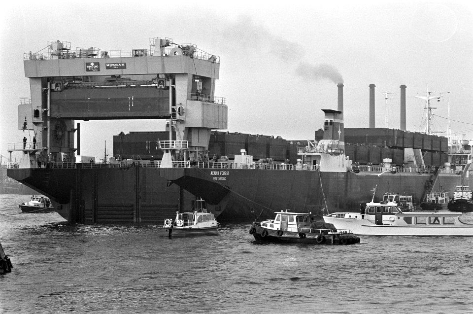 Eerste Kangoeroeschip Acadia Forest wordt gelost in Rotterdam, Bestanddeelnr 923-0448