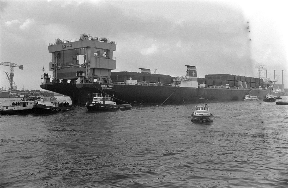 Eerste Kangoeroeschip Acadia Forest wordt gelost in Rotterdam, Bestanddeelnr 923-0443