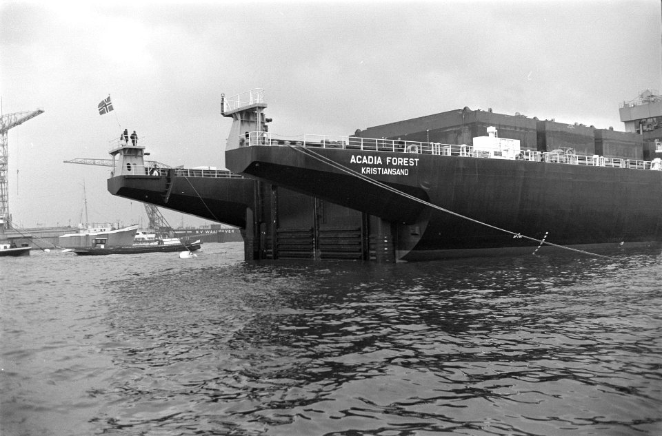 Eerste Kangoeroeschip Acadia Forest wordt gelost in Rotterdam, Bestanddeelnr 923-0450