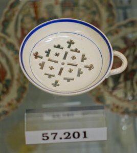 Egg strainer, Staffordshire or Yorkshire, England, 1780-1800, creamware, overglaze blue enamel, HD 57.201 - Flynt Center of Early New England Life - Deerfield, Massachusetts - DSC04560