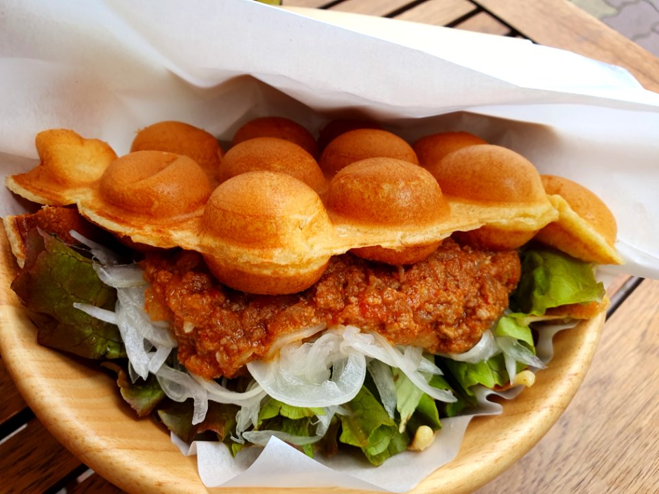 Egg waffle taco meat burger