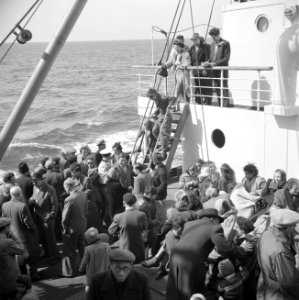 Emigranten (oliem) aan dek van het schip dat hen naar Israel brengt, Bestanddeelnr 255-1098