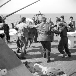 Emigranten (oliem) uit verschillende landen op weg naar Israel, dansen de horra, Bestanddeelnr 255-1109